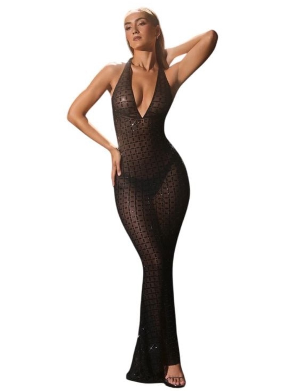 NEW Oh Polly Black Audrey Embellished Sequin Semi-Sheer Halterneck Gown